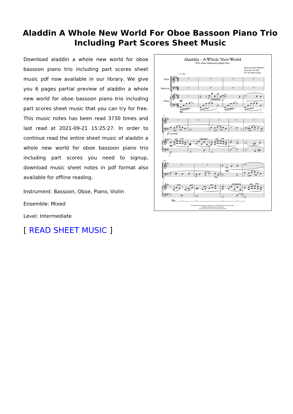 Aladdin a Whole New World for Oboe Bassoon Piano Trio Including Part Scores Sheet Music