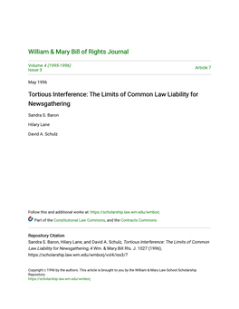 Tortious Interference: the Limits of Common Law Liability for Newsgathering