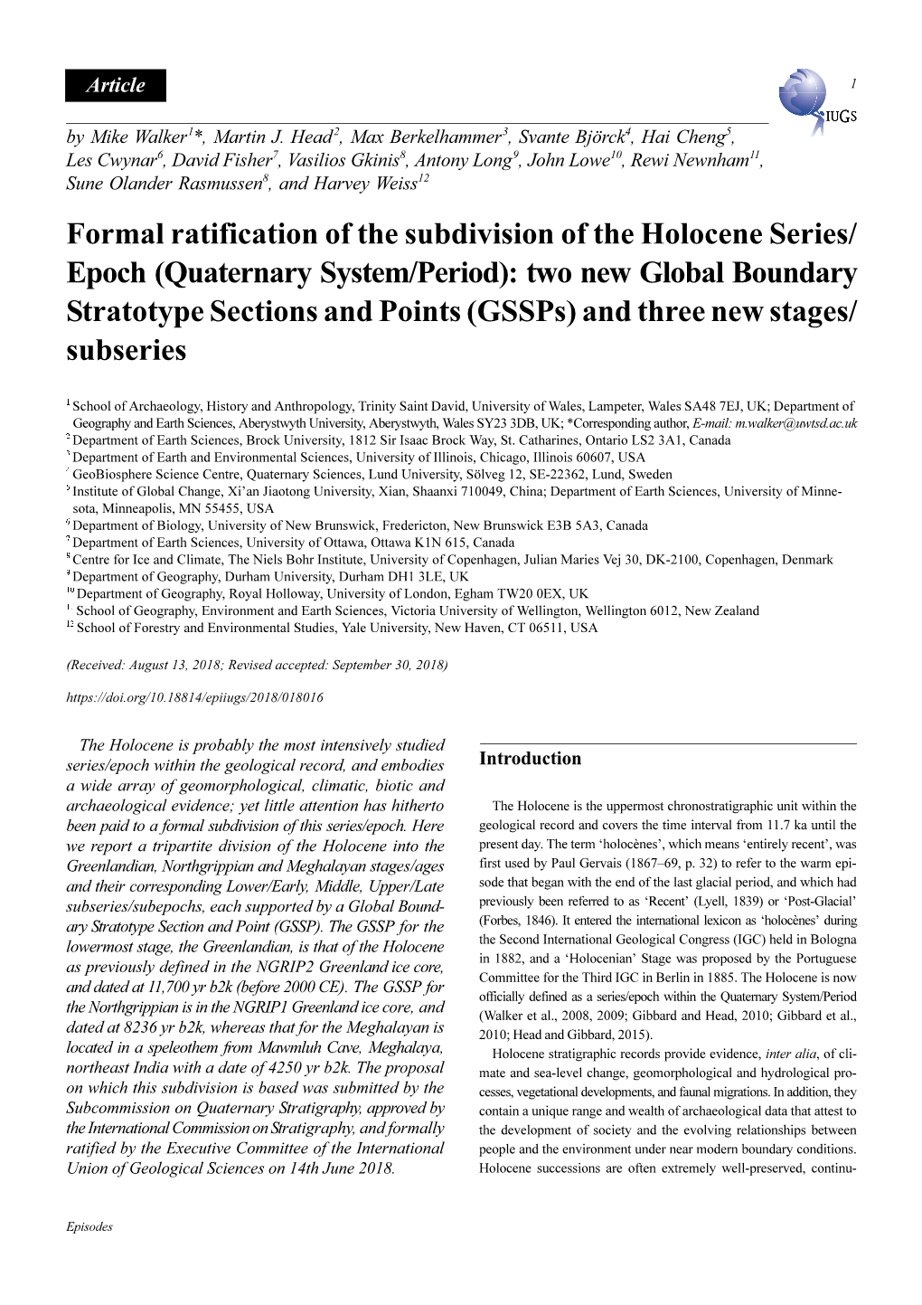 Formal Ratification of the Subdivision of the Holocene Series/ Epoch