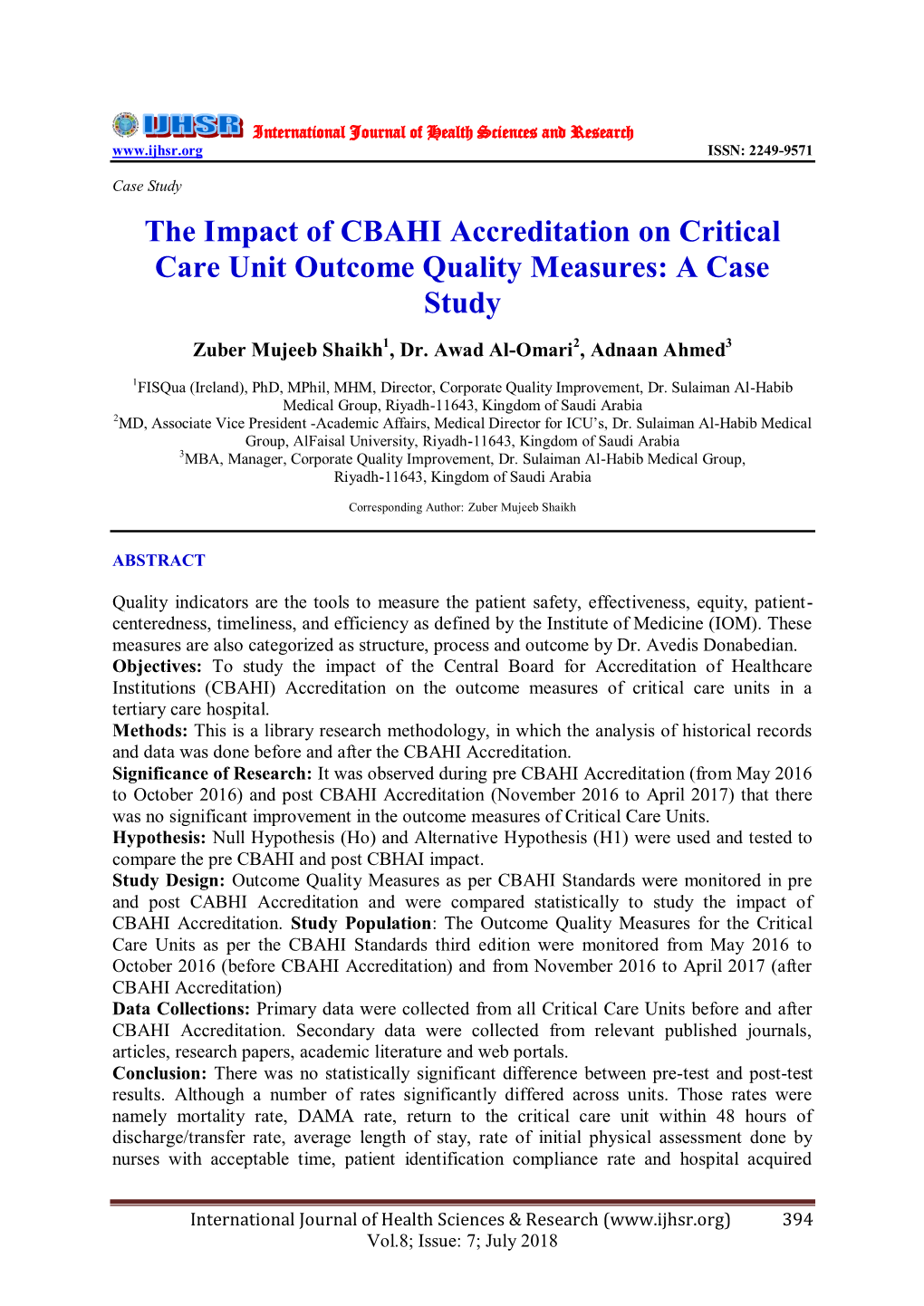 The Impact of CBAHI Accreditation on Critical Care Unit Outcome Quality Measures: a Case Study