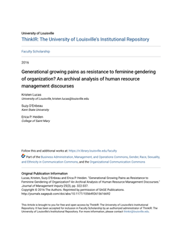 Generational Growing Pains As Resistance to Feminine Gendering of Organization? an Archival Analysis of Human Resource Management Discourses