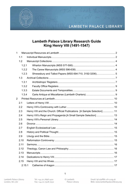 Lambeth Palace Library Research Guide King Henry VIII (1491-1547)
