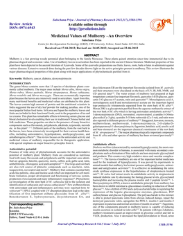 Medicinal Values of Mulberry –An Overview Sulochana Priya Centre for Bio-Separation Technology (CBST), VIT University, Vellore, Tamil Nadu- 632 014, India