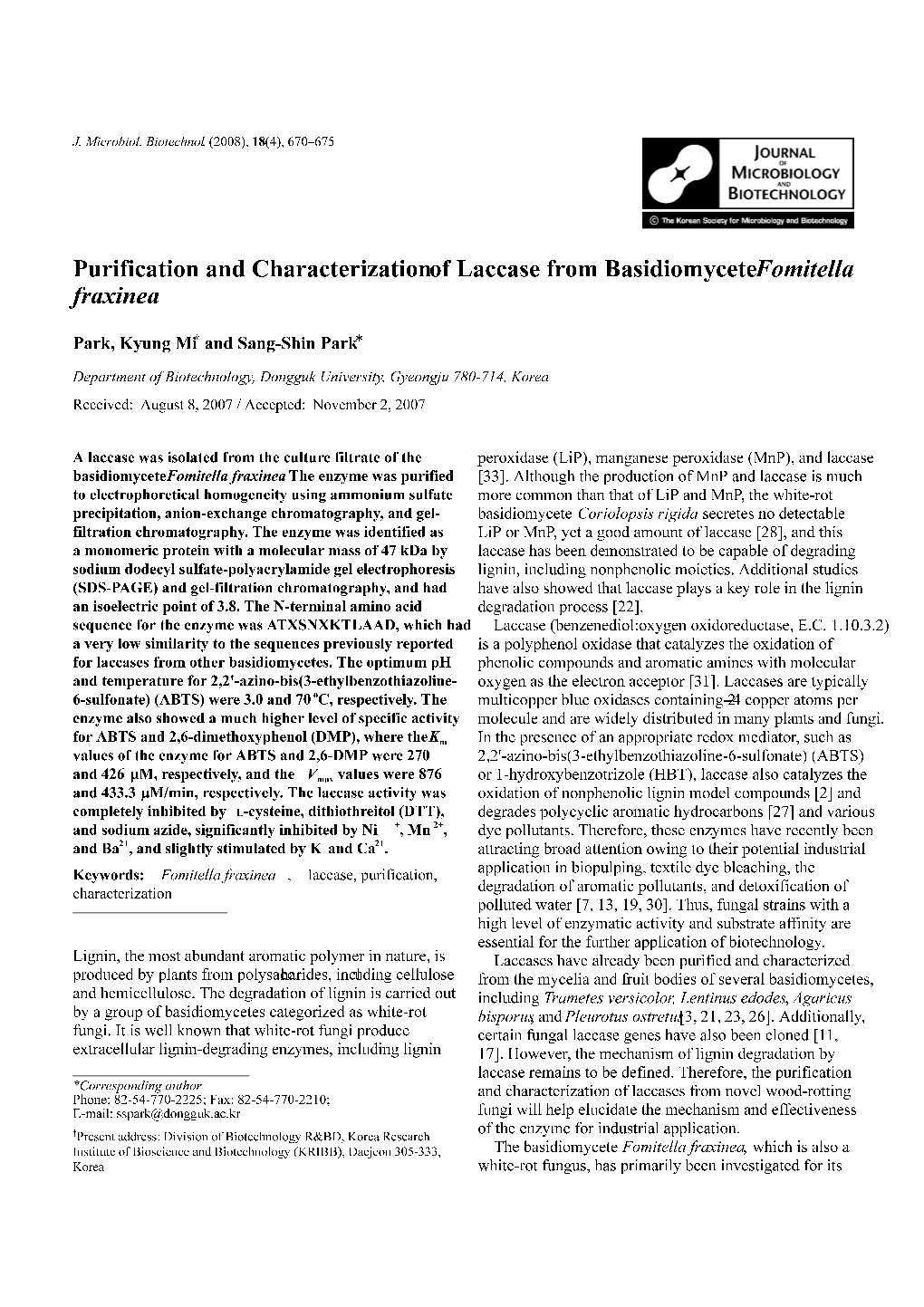 Purification and Characterization of Laccase from Basidiomycete Fomitella Fraxinea