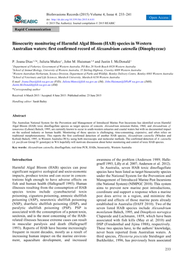 Biosecurity Monitoring of Harmful Algal Bloom (HAB) Species in Western Australian Waters: First Confirmed Record of Alexandrium Catenella (Dinophyceae)