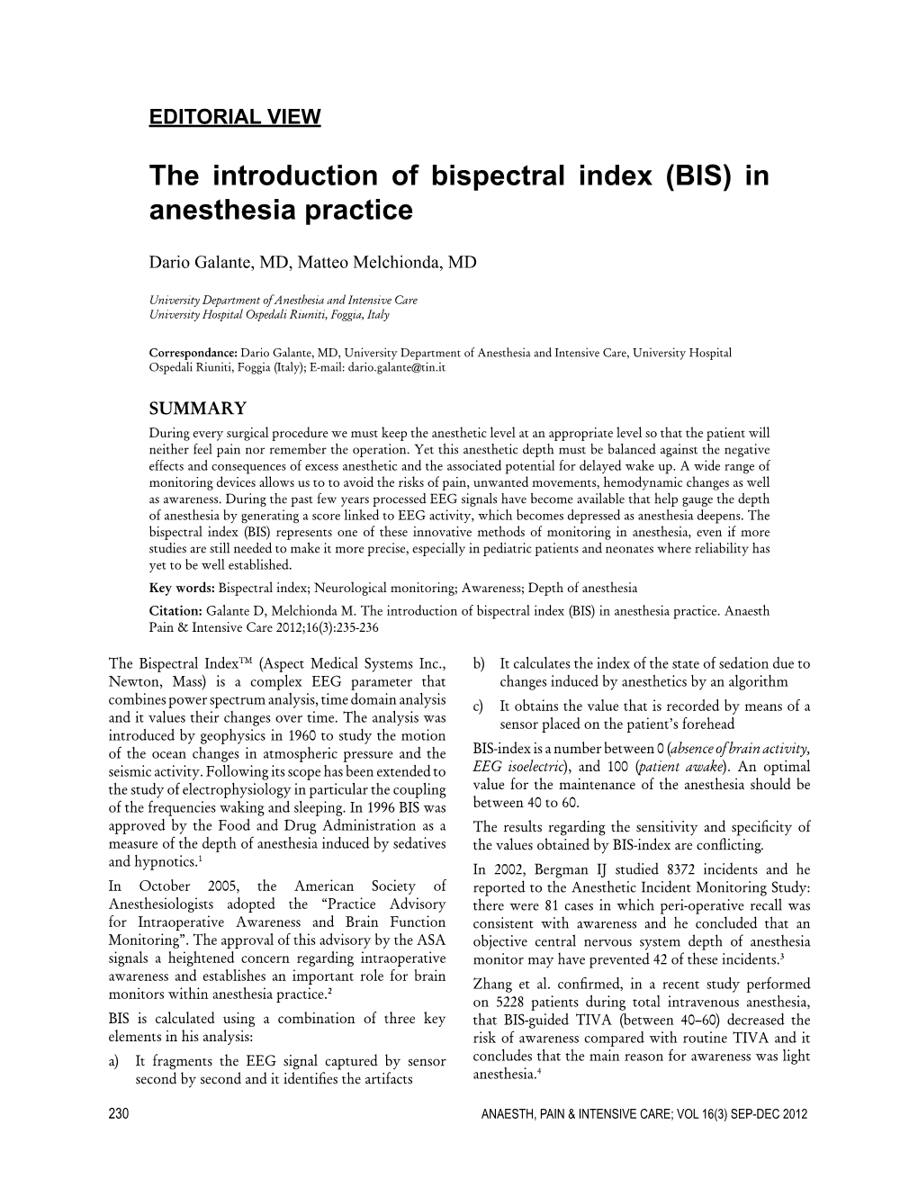 The Introduction of Bispectral Index (BIS) in Anesthesia Practice