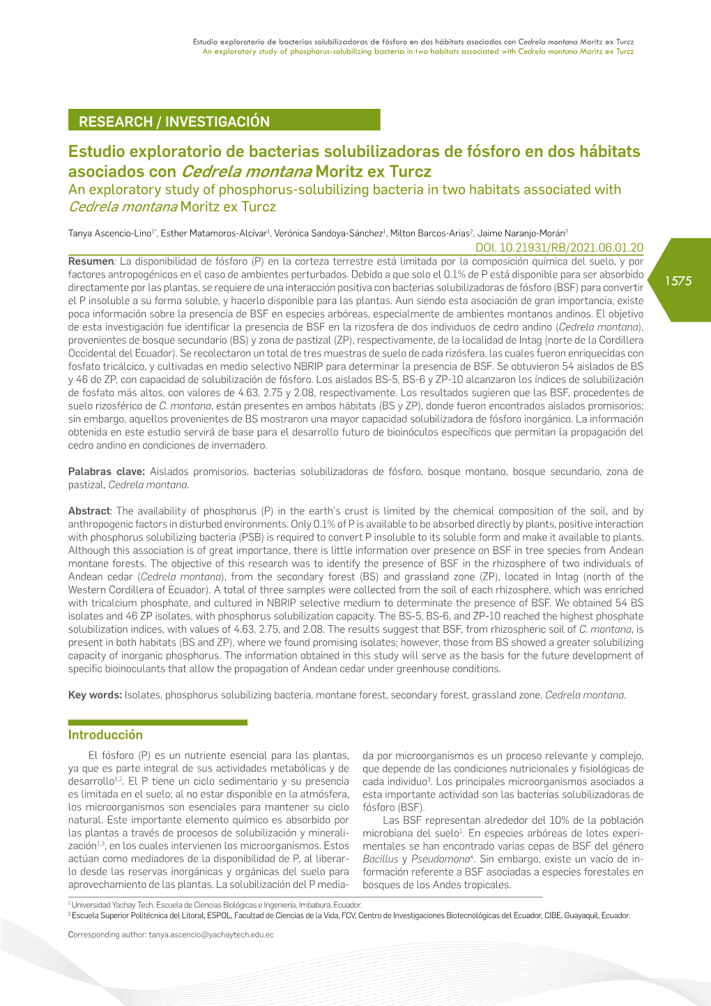 Asociados Con Cedrela Montana Moritz Ex Turcz an Exploratory Study of Phosphorus-Solubilizing Bacteria in Two Habitats Associated with Cedrela Montana Moritz Ex Turcz