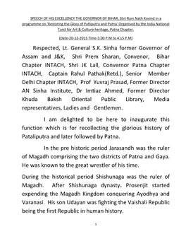 H.E's Speech for Restoring the Power of Patliputra Dated 20-12-2015