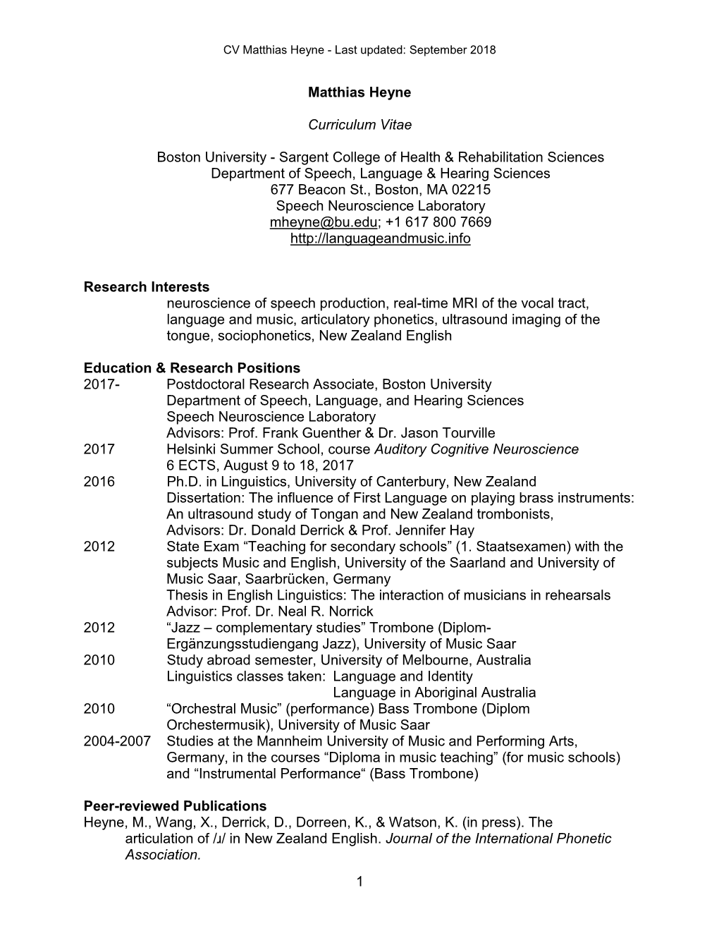 1 Matthias Heyne Curriculum Vitae Boston University