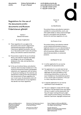 Regulations for the Use of the Document Archiv Document Und Museum Fridericianum Ggmbh