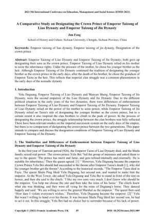 A Comparative Study on Designating the Crown Prince of Emperor Taizong of Liao Dynasty and Emperor Taizong of Jin Dynasty