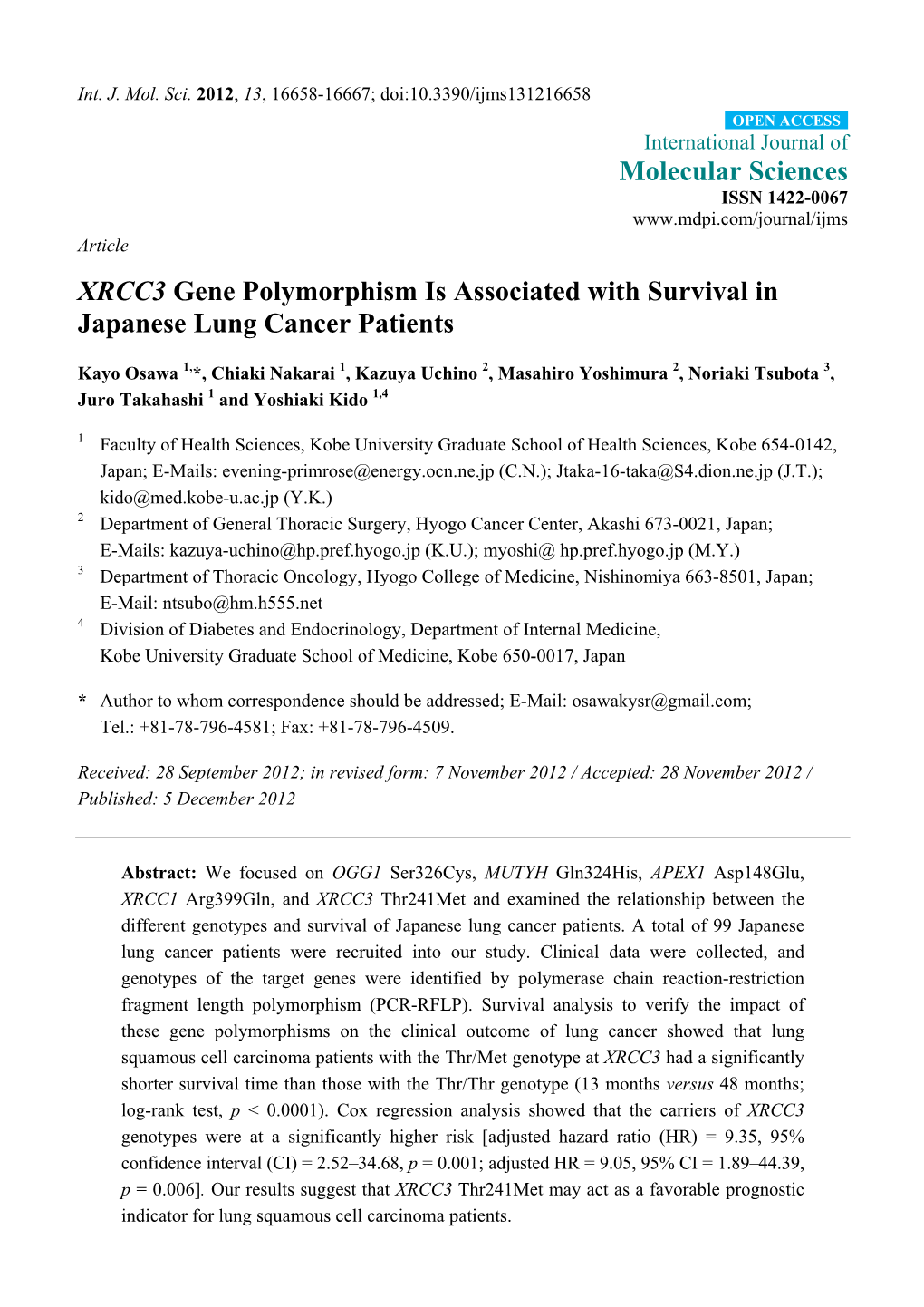 XRCC3 Gene Polymorphism Is Associated with Survival in Japanese Lung Cancer Patients