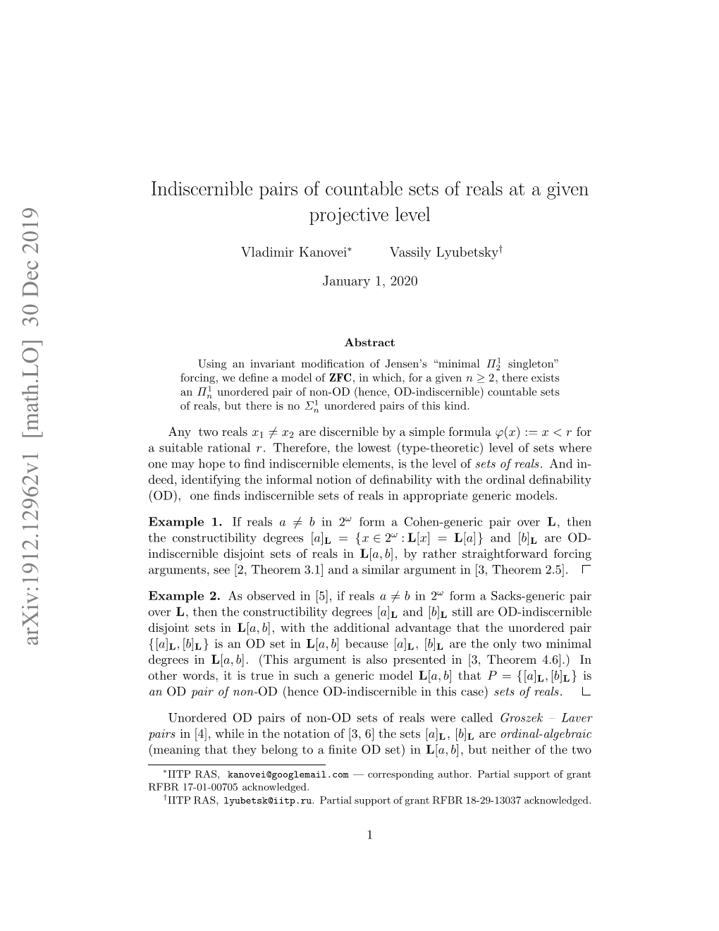 Indiscernible Pairs of Countable Sets of Reals at a Given Projective Level