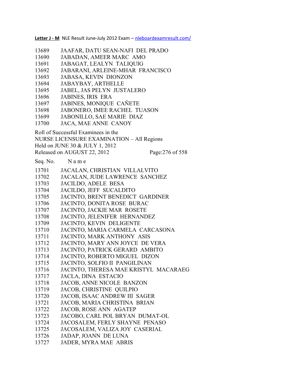 Letter J - M NLE Result June-July 2012 Exam Nleboardexamresult.Com