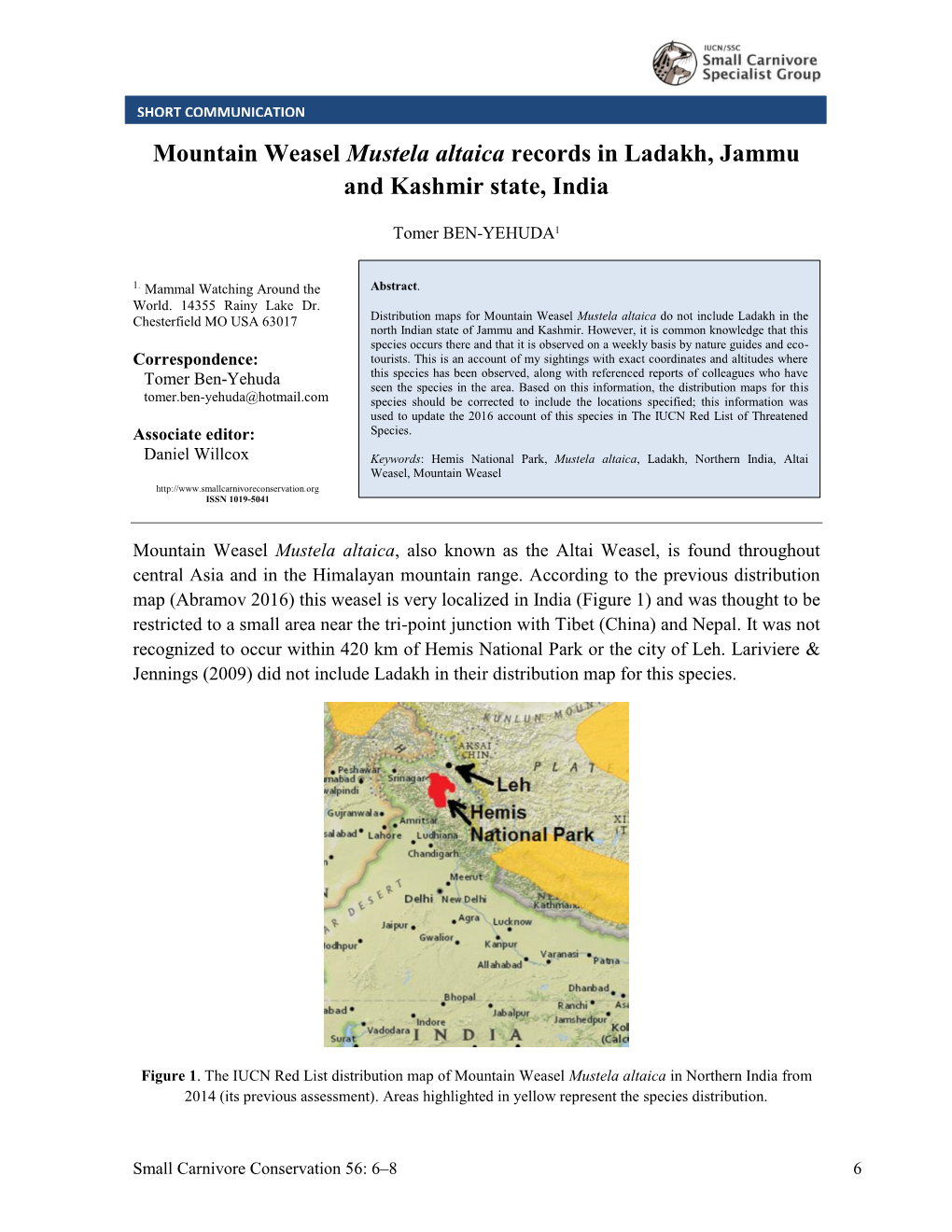 Mountain Weasel Mustela Altaica Records in Ladakh, Jammu and Kashmir State, India