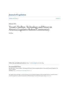 Tyrant's Toolbox: Technology and Privacy in America;Legislative Reform Commentary Bob Barr
