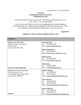 Court File No. CV-16-11257-00CL ONTARIO SUPERIOR COURT of JUSTICE COMMERCIAL LIST