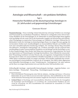 Astrologie Und Wissenschaft – Ein Prekäres Verhältnis Teil 1: Historischer Rückblick Auf Die Deutschsprachige Astrologie Im 20