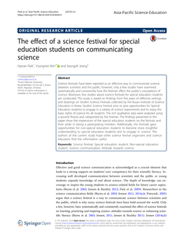 The Effect of a Science Festival for Special Education Students on Communicating Science Hyeran Park1, Youngmin Kim2* and Seongoh Jeong3