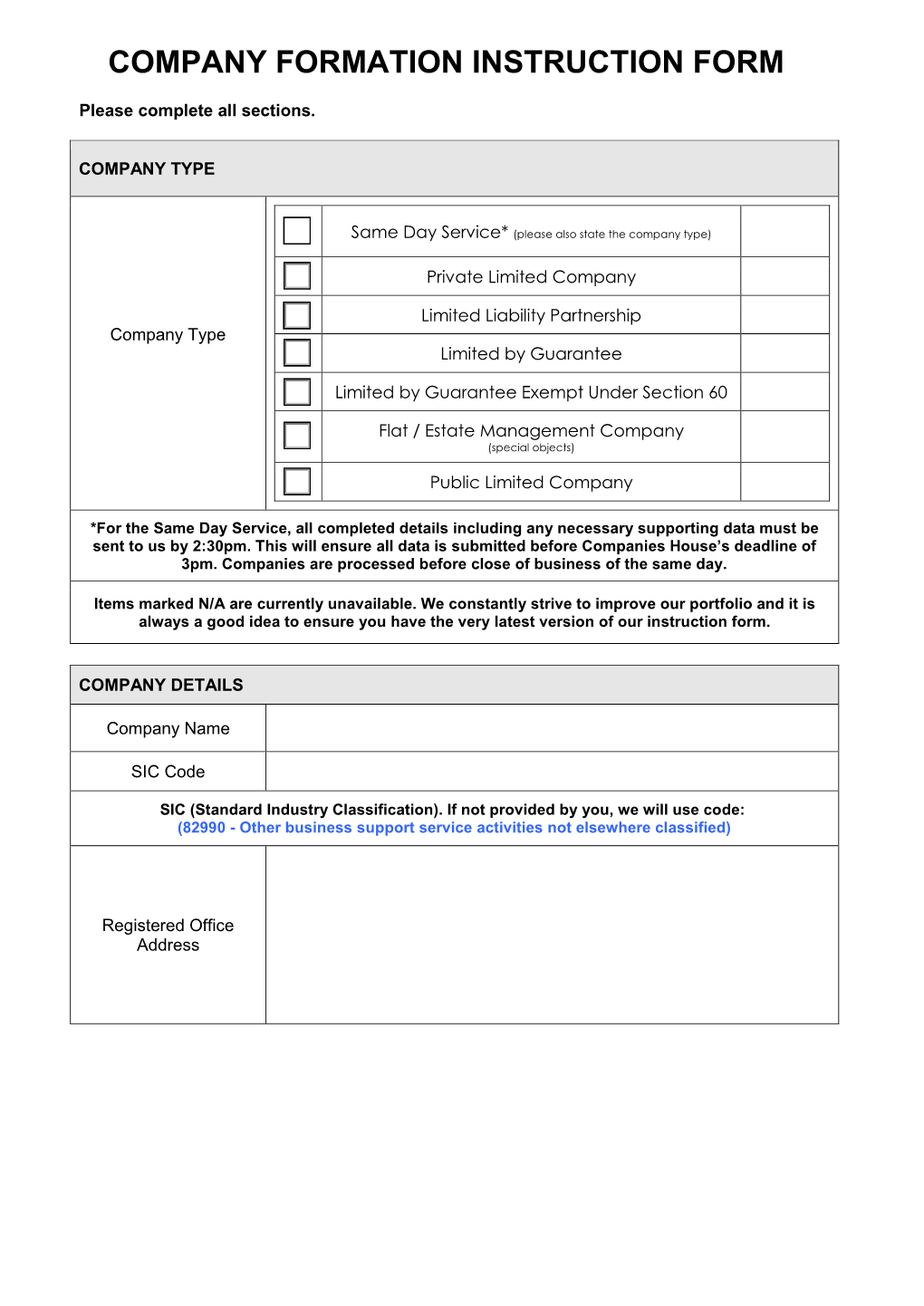 Company Formation Instruction Form