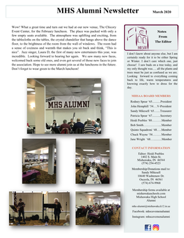 MHS Alumni Newsletter March 2020