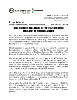 Press Release CEIG INSPECTS HYDERABAD METRO STATIONS