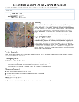 Lesson: Rube Goldberg and the Meaning of Machines Contributed By: Integrated Teaching and Learning Program, College of Engineering, University of Colorado Boulder