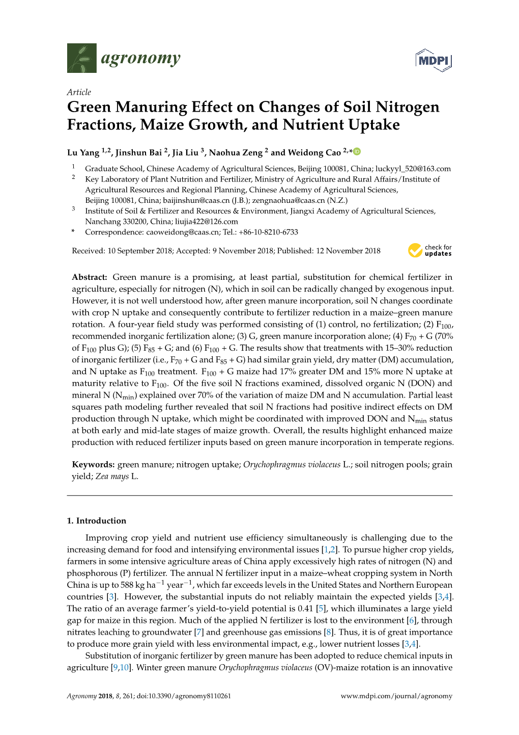 Green Manuring Effect on Changes of Soil Nitrogen Fractions, Maize Growth, and Nutrient Uptake