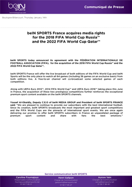 Bein SPORTS France Acquires Media Rights for the 2018 FIFA World Cup Russia™ and the 2022 FIFA World Cup Qatar™