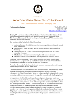Yocha Dehe Wintun Nation Elects Tribal Council Tribal Leadership Remains Stable in Challenging Time
