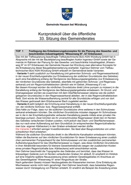 Kurzprotokoll Über Die Öffentliche 33. Sitzung Des Gemeinderates