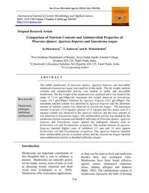 Comparison of Nutrient Contents and Antimicrobial Properties of Pleurotus Djamor, Agaricus Bisporus and Ganoderma Tsugae