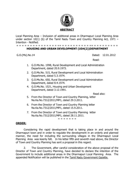 Inclusion of Additional Areas in Dharmapuri Local Planning Area Under Section 10(1) (B) of the Tamil Nadu Town and Country Planning Act, 1971 – Intention - Notified