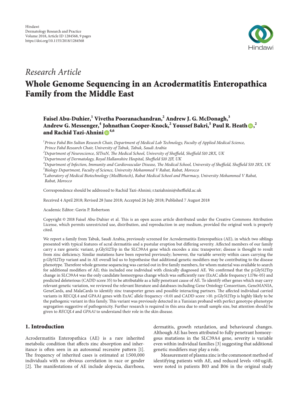 Whole Genome Sequencing in an Acrodermatitis Enteropathica Family from the Middle East