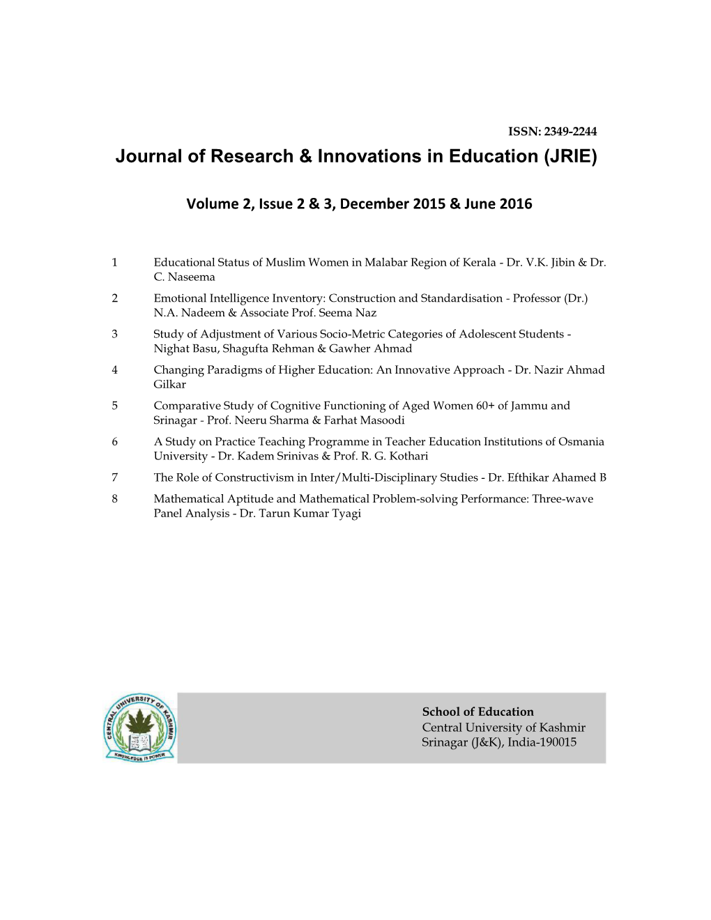 Journal of Research & Innovations in Education (JRIE)