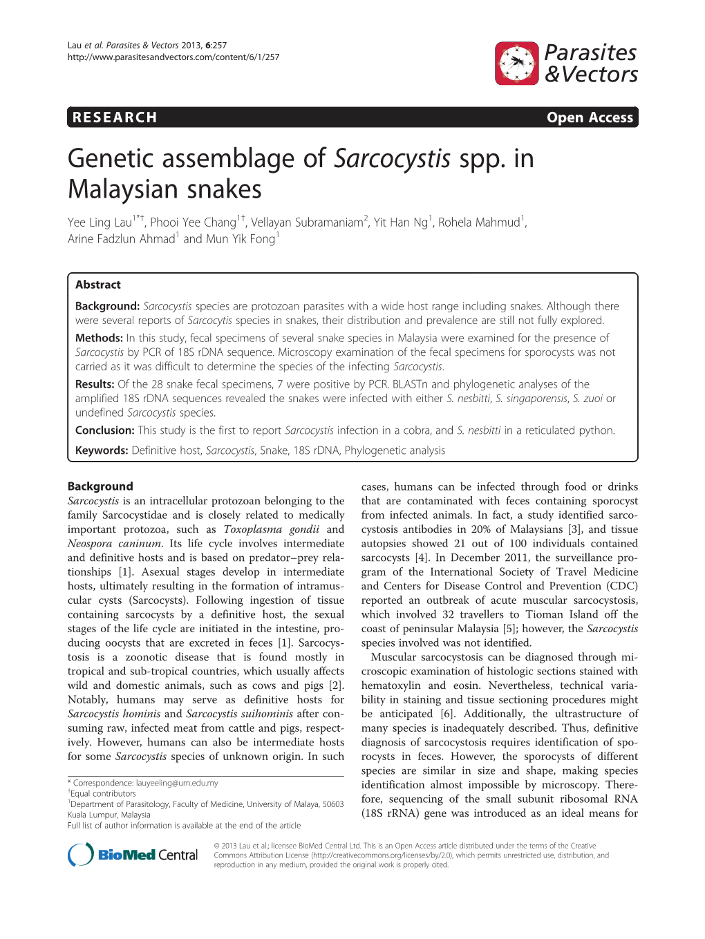 Genetic Assemblage of Sarcocystis Spp. in Malaysian Snakes