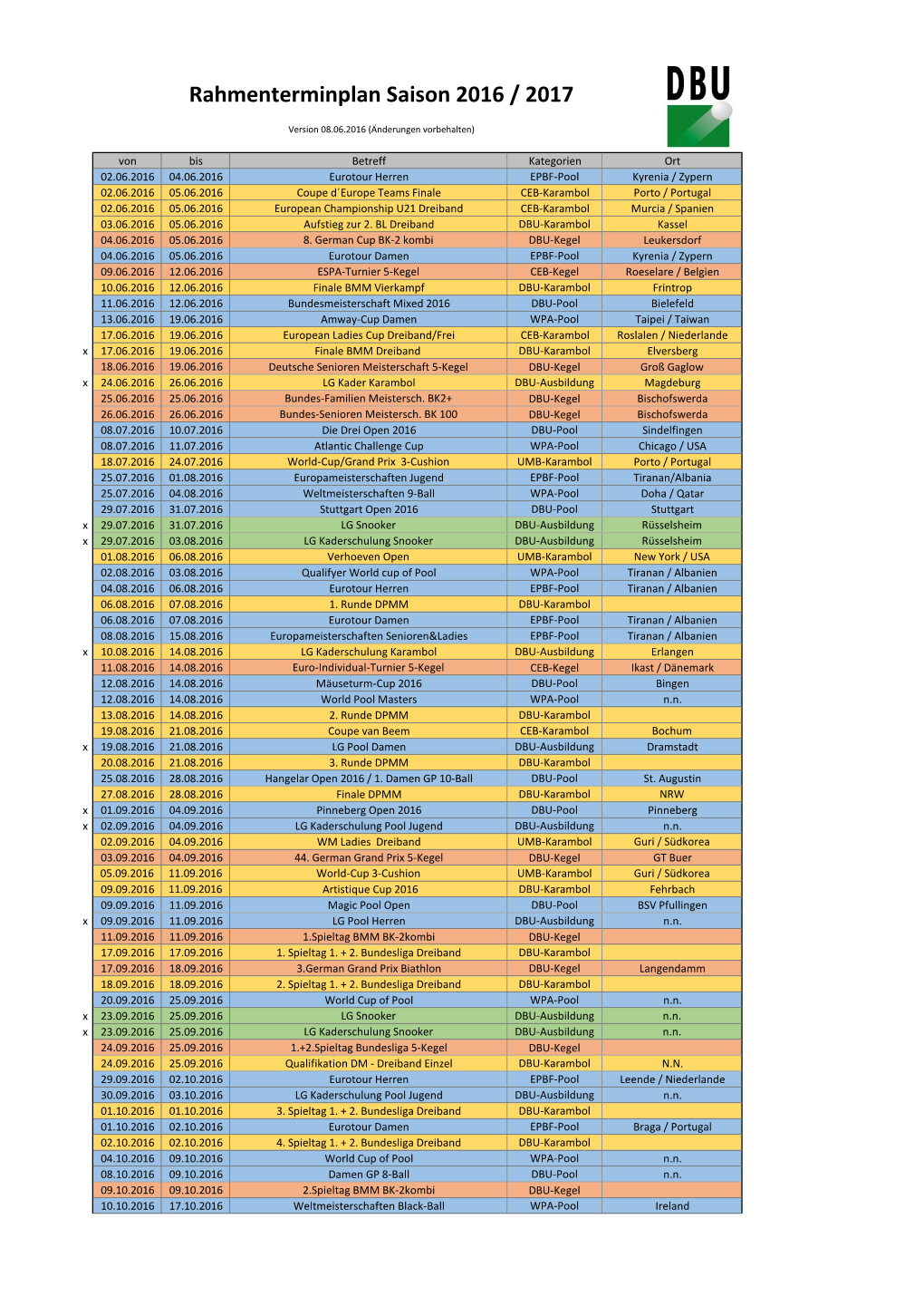 Rahmenterminplan Saison 2016 / 2017