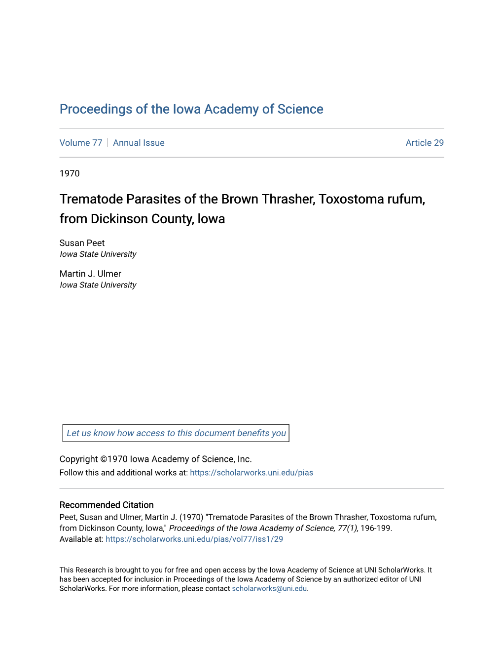 Trematode Parasites of the Brown Thrasher, Toxostoma Rufum, from Dickinson County, Lowa