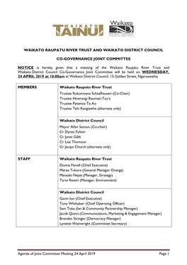 WAIKATO RAUPATU RIVER TRUST and WAIKATO DISTRICT COUNCIL CO-GOVERNANCE JOINT COMMITTEE NOTICE Is Hereby Given That a Meeting Of