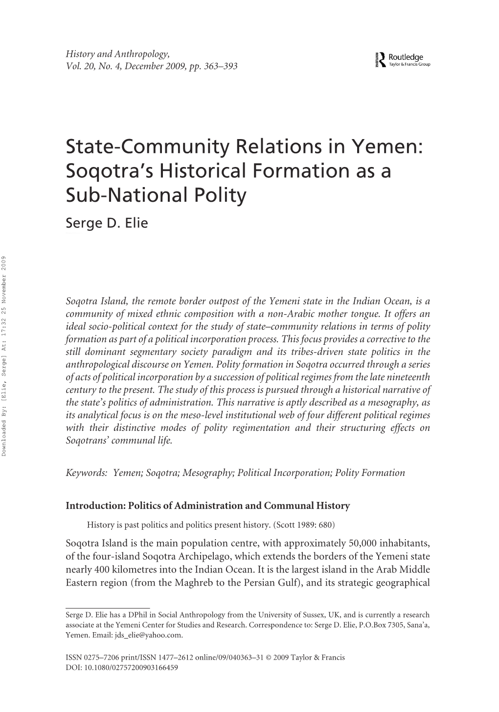 State-Community Relations in Yemen: Soqotra's Historical