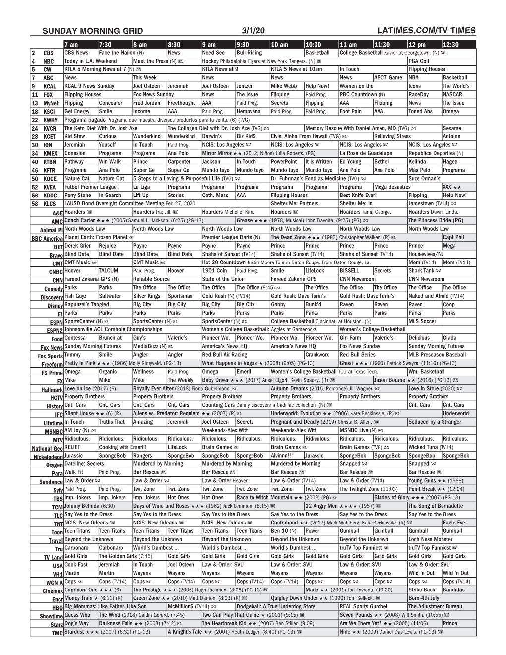 Sunday Morning Grid 3/1/20 Latimes.Com/Tv Times