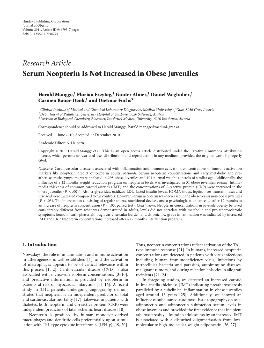 Serum Neopterin Is Not Increased in Obese Juveniles