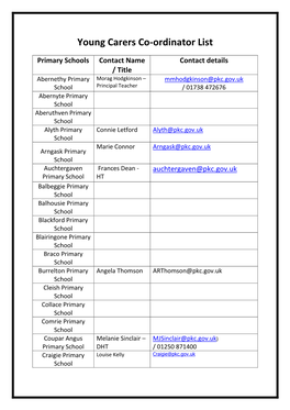 Young Carers Co-Ordinator List