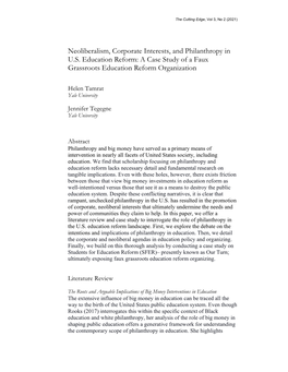 Neoliberalism, Corporate Interests, and Philanthropy in U.S. Education Reform: a Case Study of a Faux Grassroots Education Reform Organization