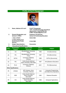 Profile of Prof.P.Thiyagarajan