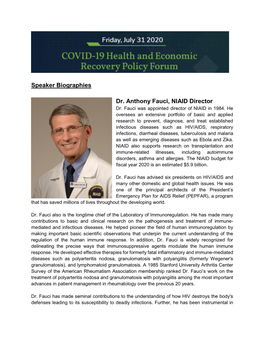 Speaker Biographies Dr. Anthony Fauci, NIAID Director
