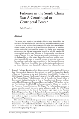 Fisheries in the South China Sea: a Centrifugal Or Centripetal Force?