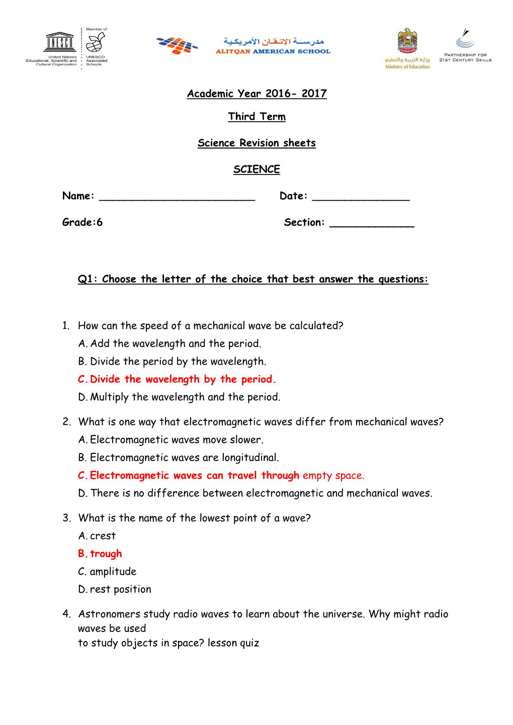 Academic Year 2016- 2017 Third Term Science Revision Sheets SCIENCE Name: Date: Grade