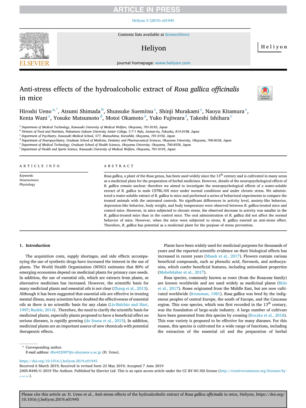 Anti-Stress Effects of the Hydroalcoholic Extract of Rosa Gallica Ofﬁcinalis in Mice