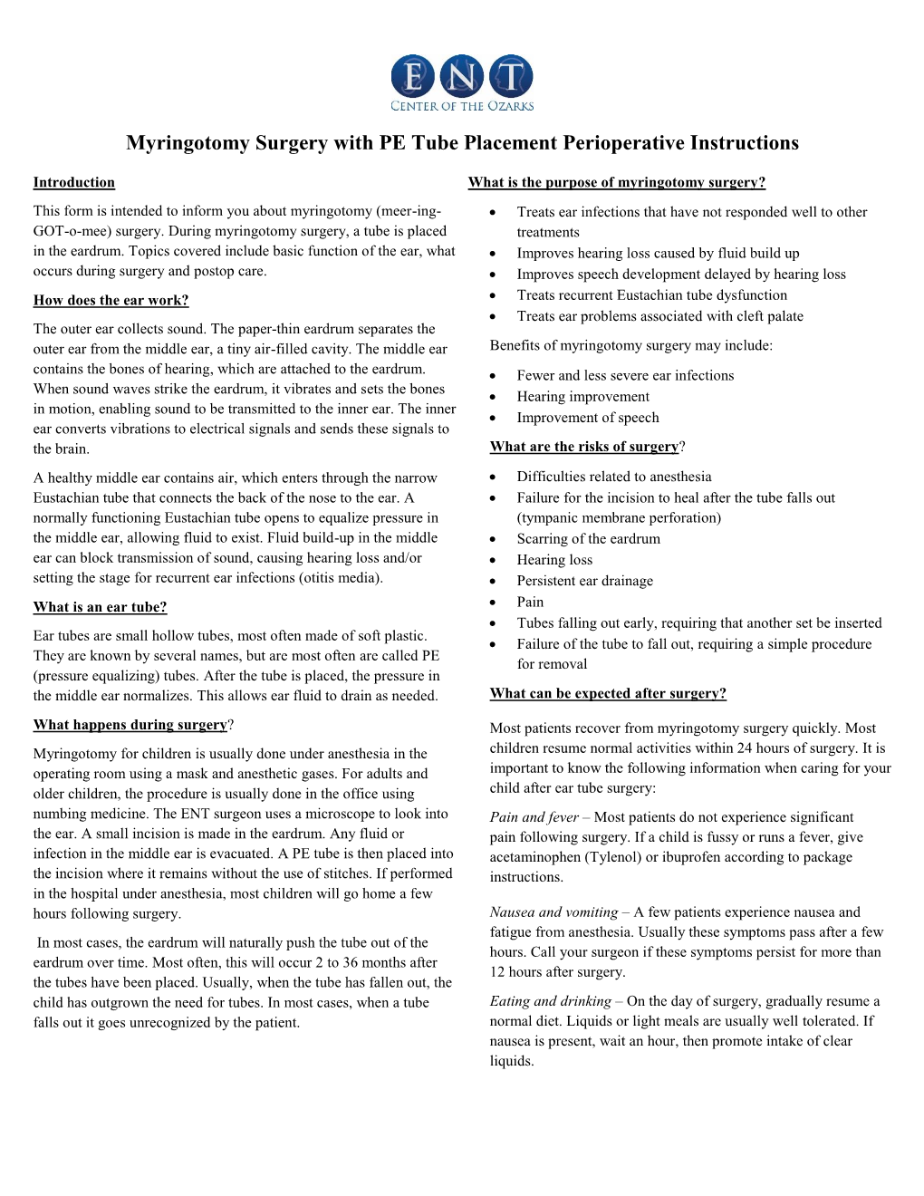 Myringotomy Surgery with PE Tube Placement Perioperative Instructions